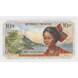 French Antilles 10 Nouveaux Francs issued 1963, signed Postel-Vinay and Calvet, serial Z.2 62875 (