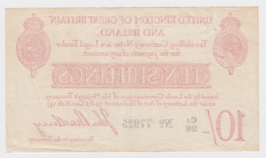 Bradbury 10 Shillings issued 1915, LAST RUN 'C2' prefix, 5 digit serial number C2/28 77925 (T12.3, - Image 2 of 2