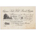 Cornwall, Kitt-Hill Bank Callington 1 Pound unissued note, no date or serial number, for William