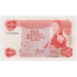 Mauritius 10 Rupees issued 1967, portrait Queen Elizabeth II at right, serial A/41 753104 (TBB