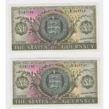 Guernsey (2), 1 Pound issued 1969 - 1975 signed C.H. Hodder, a consecutively numbered pair, serial