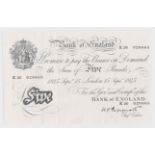 Peppiatt 5 Pounds dated 15th September 1945, serial K26 028665, London issue on thick paper (B255,