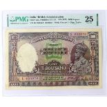 India 1000 Rupees, Government of India, Portrait of King George V at right, issued 1928 signed J.