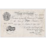 Peppiatt 5 Pounds dated 20th September 1945, serial K30 046742, London issue on thick paper (B255,