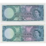 Fiji 5 Shillings (2), the first dated 1st September 1964 serial C/11 121408 (TBB B328d, Pick51d),