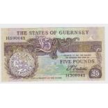 Guernsey 5 Pounds issued 1990 - 1995, signed D.P. Trestain, split prefix VERY LOW serial H500041 (