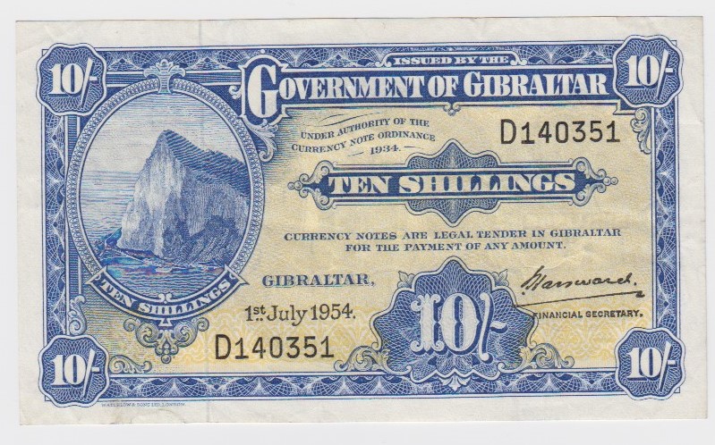 Gibraltar 10 Shillings dated 1st July 1954, serial D140351 (TBB B115a, Pick14c) VF