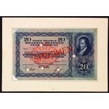 Switzerland 20 Franken dated 29th September 1927, a very scarce SPECIMEN without serial number or