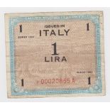 Italy, Allied Military Currency 1 Lira dated 1943, scarce REPLACEMENT note with '*' prefix,