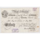 Harvey 20 Pounds dated 17th May 1918, serial 12/M 83252 (B209c, Pick312a) 2 small bank stamps on