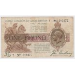 Bradbury 1 Pound issued 1917, FIRST PREFIX of LAST SERIES, serial H/1 382477 (T16, Pick351)