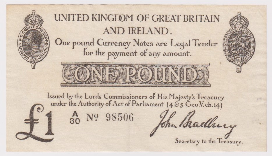 Bradbury 1 Pound issued 23rd October 1914, FIRST SERIES 'A' prefix, serial A/30 98506 (T11.1,