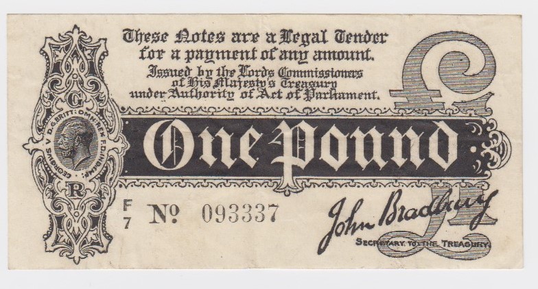 Bradbury 1 Pound issued 1914, Royal Cypher watermark, serial F/7 093337 (T3.3, Pick347) original VF