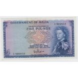 Malta 5 Pounds issued 1961, Queen Elizabeth II portrait at right, signed D.A. Shepherd, serial A/4