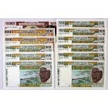 West African States (12), an Uncirculated group comprising 10000 Francs, 1000 Francs (2), 500 Francs