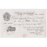 Peppiatt 5 Pounds dated 23rd April 1945, rarer PREFIX '99', serial H99 086053, London issue on thick