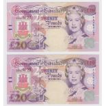 Gibraltar 20 Pounds (2) dated 1st July 1995, a consecutively numbered pair, serial AA460197 &