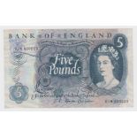 Fforde 5 Pounds issued 1967, rare FIRST RUN REPLACEMENT note '01M' prefix, serial 01M 420223 (