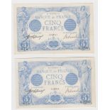 France 5 Francs (2) dated 1913, a consecutively numbered pair serial O.2290 874 & O.2290 875 (