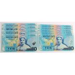 New Zealand 10 Dollars (9) issued 1999, Polymer issue signed D.T. Brash, consecutively numbered runs