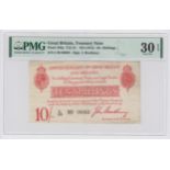 Bradbury 10 Shillings issued 1915, 5 digit serial number L/36 96063 (T12.1, Pick348a) in PMG