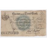 Burton upon Trent Bank 1 Pound dated 1817, serial No. N2457 for Harding, Oakes and Willington (