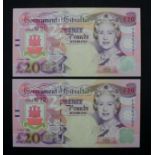 Gibraltar 20 Pounds (2) dated 1st July 1995, a consecutively numbered pair, serial AA460191 &