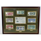 Bank of England (9), in a large very good quality picture frame with Cashiers names and dates