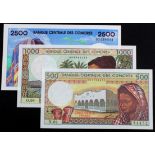 Comores (3), 2500 Francs issued 1997 (TBB B304a, Pick13), 1000 and 500 Francs issued 1994 (TBB B301c