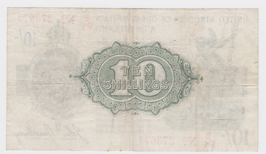 Bradbury 10 Shillings issued 16th December 1918, red serial No. B/94 273674, No. with dash (T20, - Image 2 of 2