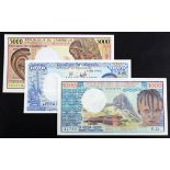 Cameroun (3), 5000 Francs issued 1981, 1000 Francs dated 1988, 1000 Francs issued 1974, the first