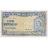 Bahamas 5 Pounds issued 1953 (Currency Act 1936), portrait Queen Elizabeth II at right, serial A/2