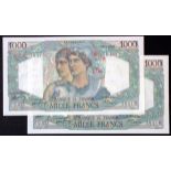 France 1000 Francs (2) dated 20th April 1950, a consecutively numbered pair, serial U.653 56415 &