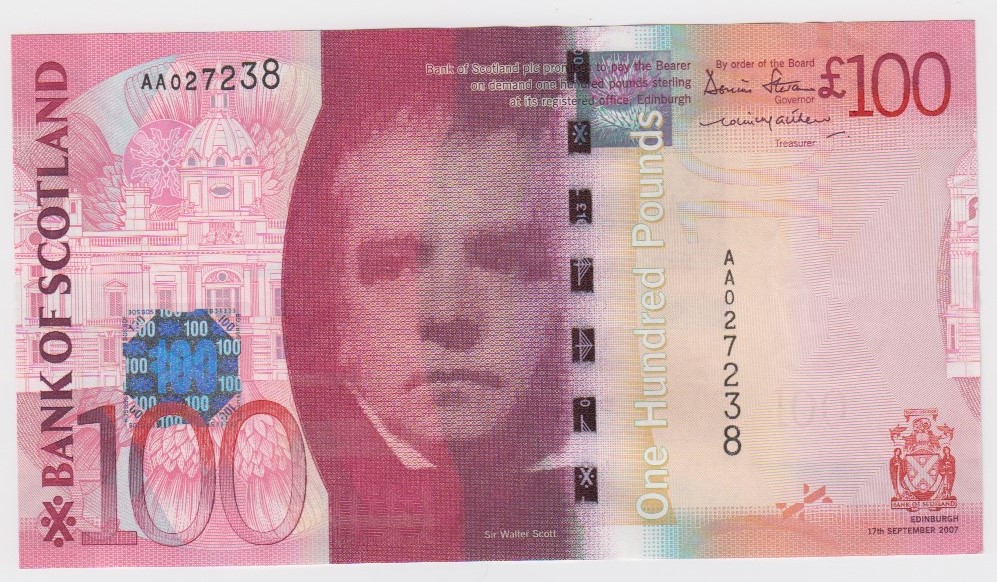 Scotland, Bank of Scotland 100 Pounds dated 19th January 2009, Kessock Bridge, a consecutively