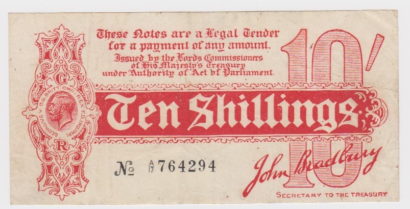 Bradbury 10 Shillings issued 1914, serial A/17 764294, No. with dash (T9, Pick346) small tear at