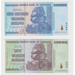 Zimbabwe (2), 100 Trillion Dollars & 50 Trillion Dollars dated 2008, the two highest denominations