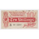 Bradbury 10 Shillings issued 1914, Royal Cypher watermark, serial B/45 13183, No. with dot (T10,