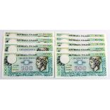 Italy 500 Lire (9) dated 1976, a consecutively numbered run of 8 notes plus one other, serial O14