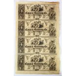 USA (4) Canal & Banking Co. New Orleans 5 Dollars, uncut sheet of 4 x 5 Dollar notes, undated and