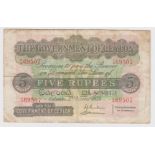 Ceylon 5 Rupees dated 2nd October 1939, serial F/10 69507 (TBB B216j, Pick23c) centre pinhole,