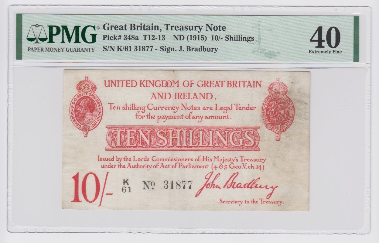 Bradbury 10 Shillings issued 1915, 5 digit serial number K/61 31877 (T12.1, Pick348a) in PMG