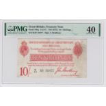 Bradbury 10 Shillings issued 1915, 5 digit serial number K/61 31877 (T12.1, Pick348a) in PMG
