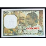Comores 100 Francs issued 1960 - 1963, red horizontal 'COMORES' overprint, serial V.2967 383 (TBB