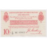 Bradbury 10 Shillings issued 1915, 6 digit serial number P1/36 070077 (T13.2, Pick348a) original VF