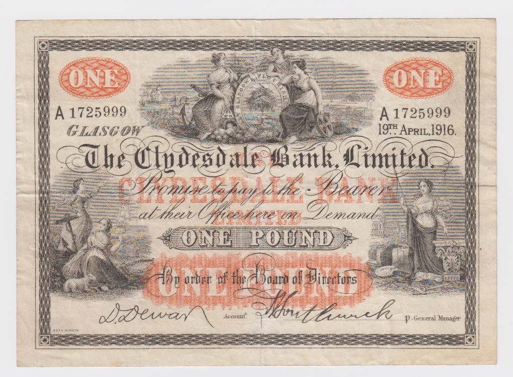 Scotland, Clydesdale Bank 1 Pound dated 19th April 1916, very early date, printed signature Duncan