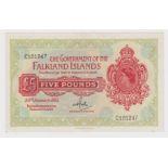 Falkland Islands 5 Pounds dated 30th January 1975, signed H.T. Rowlands, serial C101247 (TBB