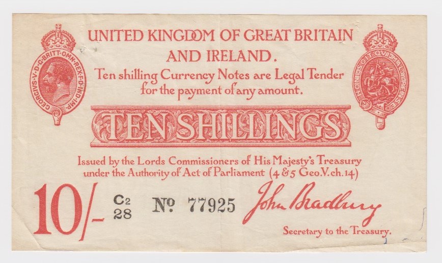 Bradbury 10 Shillings issued 1915, LAST RUN 'C2' prefix, 5 digit serial number C2/28 77925 (T12.3,