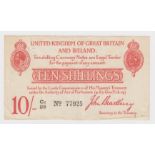 Bradbury 10 Shillings issued 1915, LAST RUN 'C2' prefix, 5 digit serial number C2/28 77925 (T12.3,