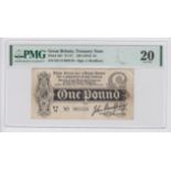 Bradbury 1 Pound issued 1914, Royal Cypher watermark, serial EE/14 085516 (T6, Pick347) in PMG