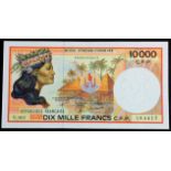 French Pacific Territories 10000 Francs issued 1985, serial V.001 184417 (TBB B104e, Pick4e) pressed